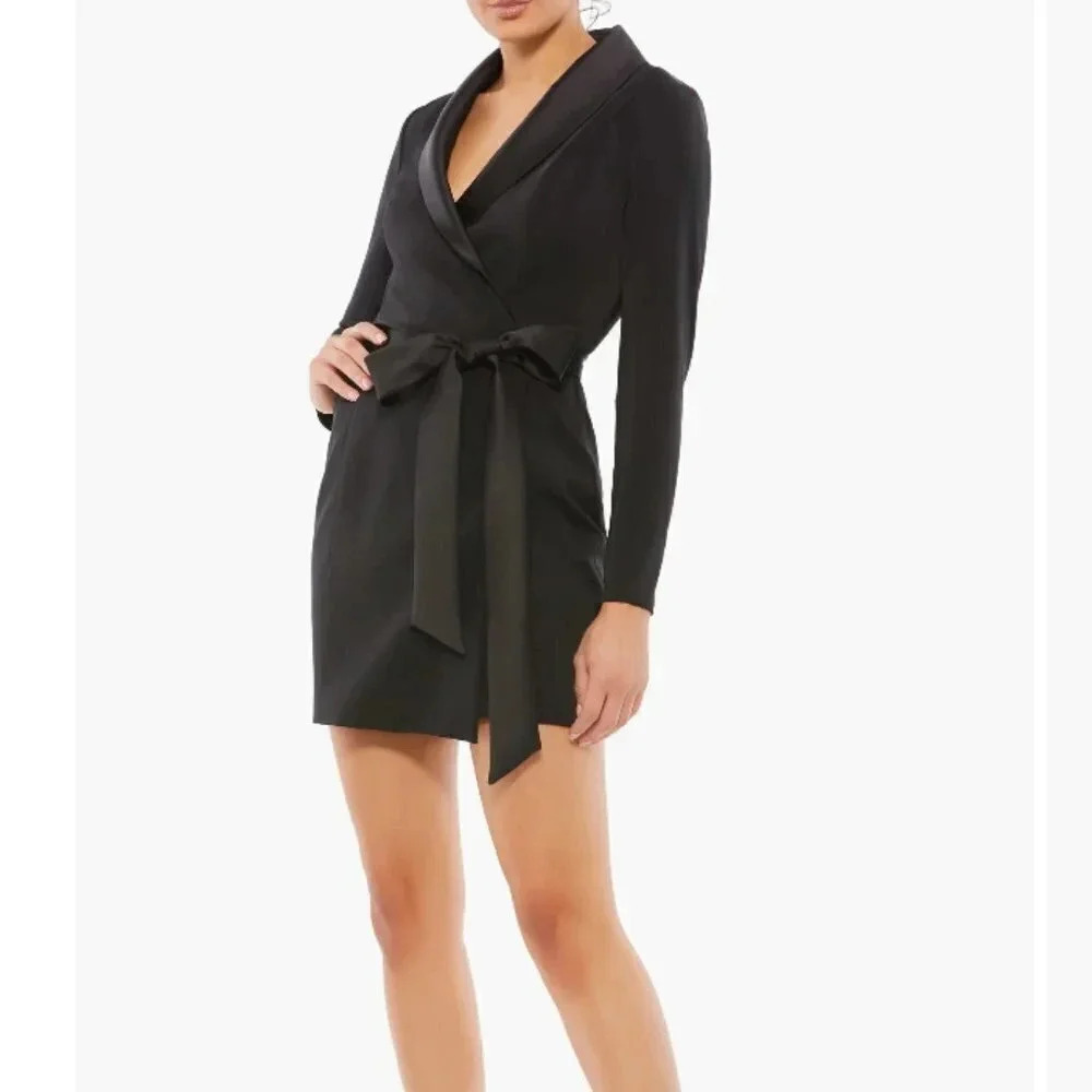 Mac Duggal Wrap Front Belted Tuxedo Mini Dress Black Size 10